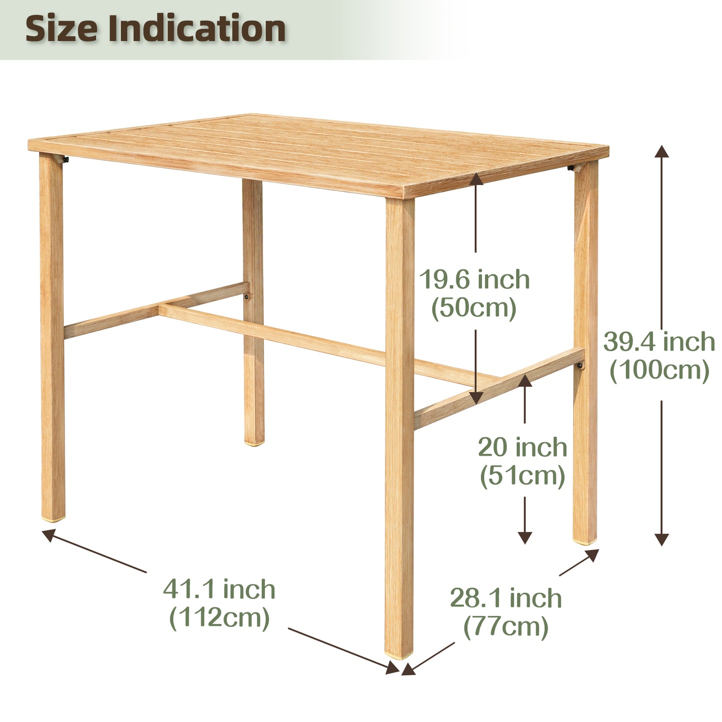 Outdoor Patio Table, Metal Counter Height Pub Table for Living Room, Dining Room, Kitchen- Wood Grain-3A