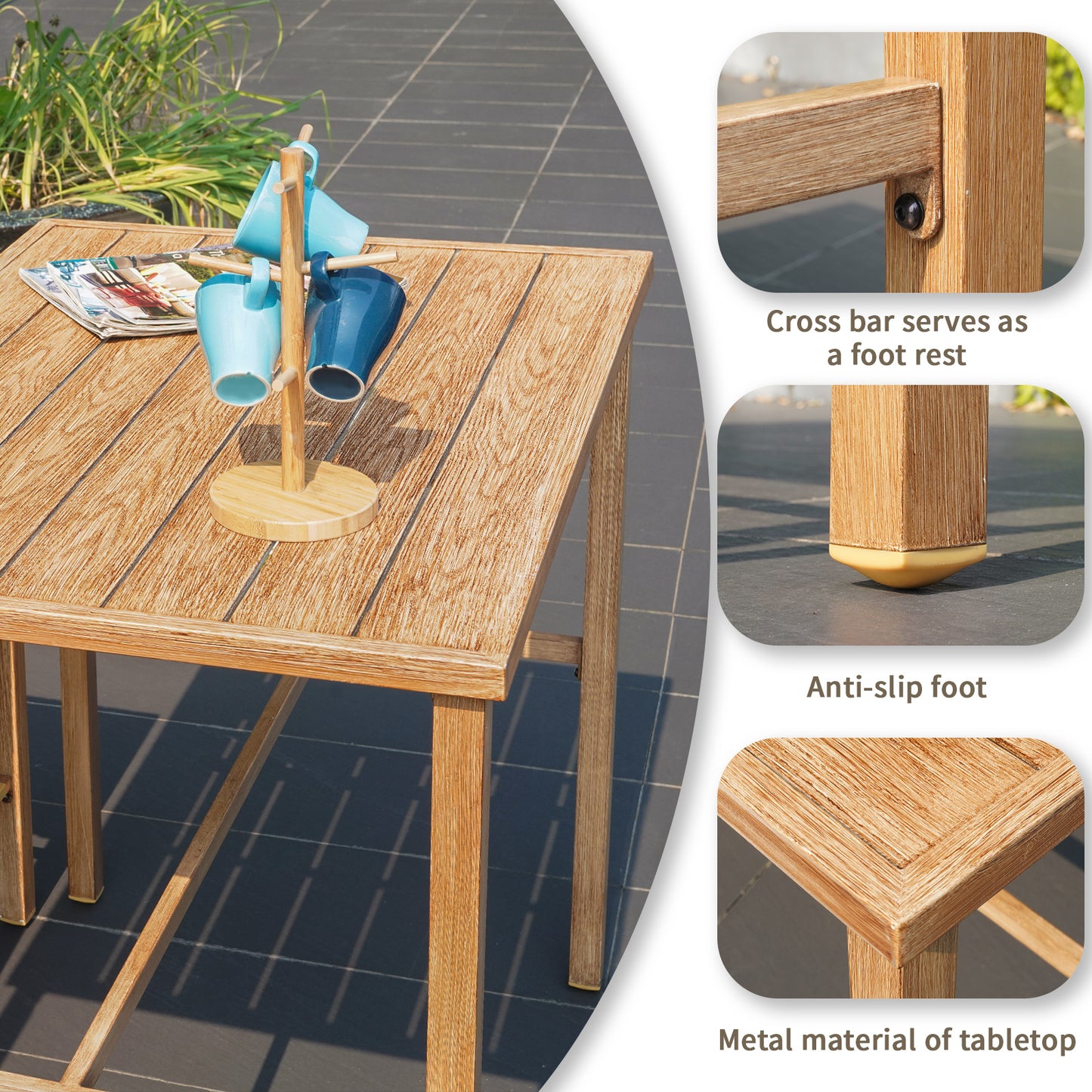 Outdoor Patio Table, Metal Counter Height Pub Table for Living Room, Dining Room, Kitchen- Wood Grain-3A