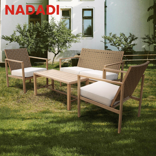 4 Pieces Patio Furniture Set, Metal Hand-Made Drawstring Outdoor Patio Conversation Sets-Wood Grain-1B