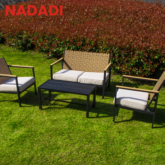 4 Pieces Patio Furniture Set, Metal Hand-Made Drawstring Outdoor Patio Conversation Sets- Matte Black-1A